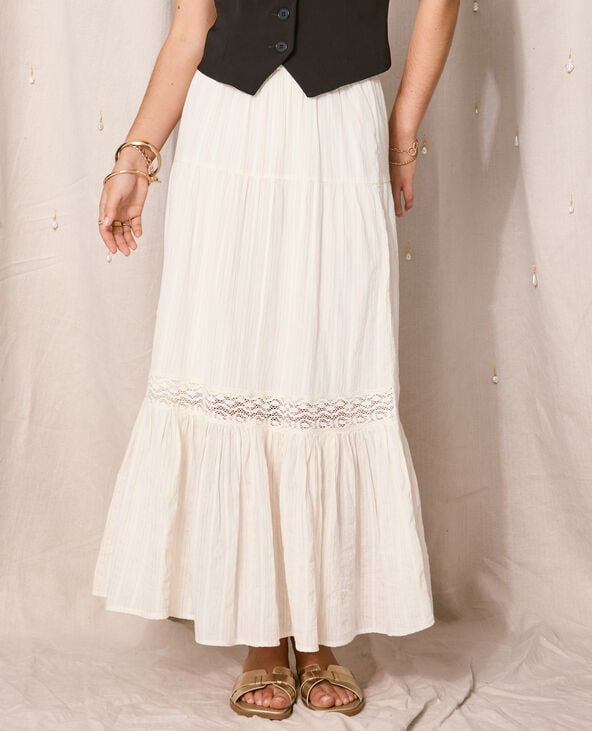 Pimkie Jupe Longue Volants Avec Lurex Et Macramé - Blanc