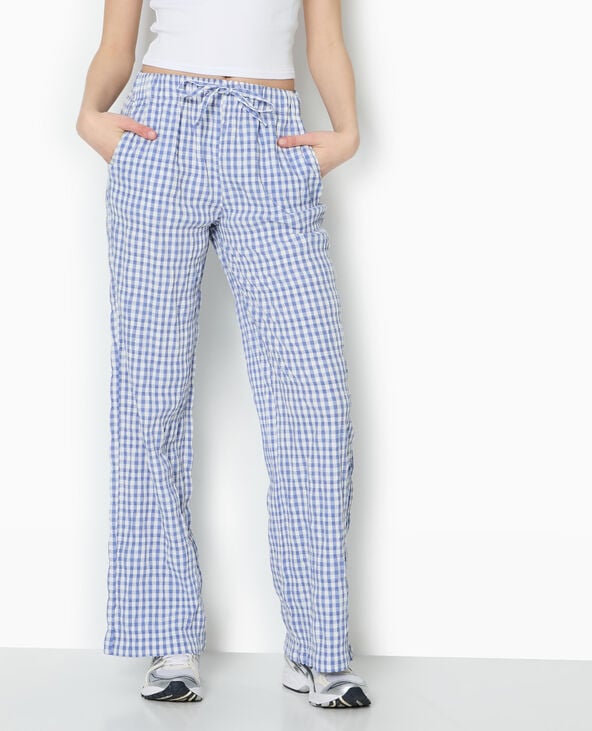 Pimkie Pantalon Droit En Tissu Gaufré Motif Vichy - Bleu