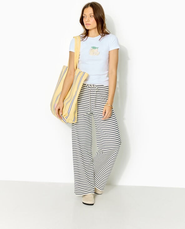 Pimkie Pantalon Large En Maille Côtelée Rayée - Blanc