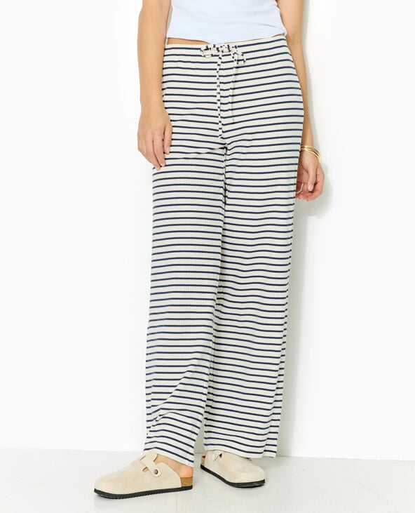 Pimkie Pantalon Large En Maille Côtelée Rayée - Blanc