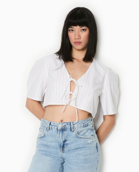 Pimkie Blouse Courte Rayée Avec Nouettes - Blanc