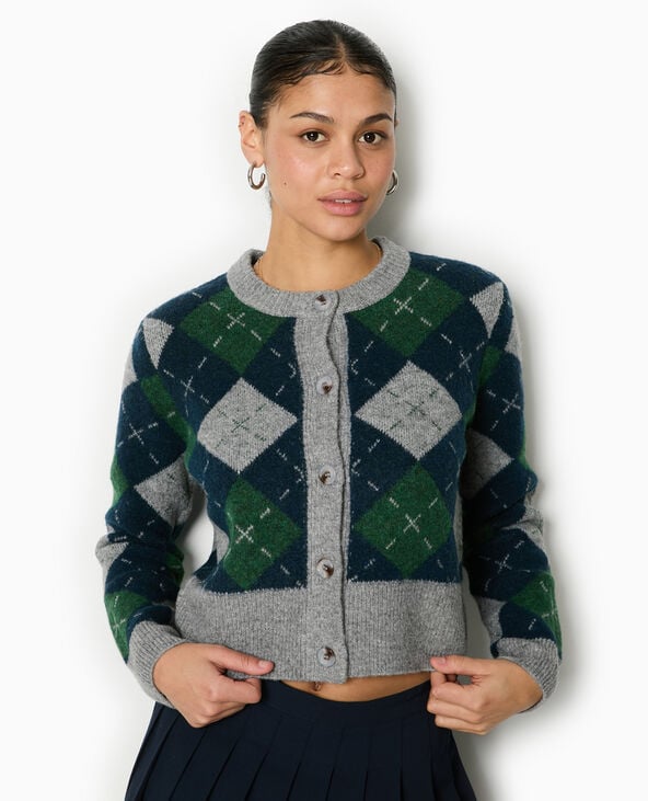 Pimkie Gilet Court Motif Losanges - Gris Chiné