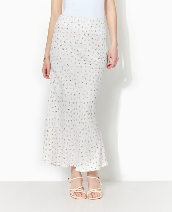Pimkie Jupe Longue Tissu Satiné Motif Fleurs - Blanc