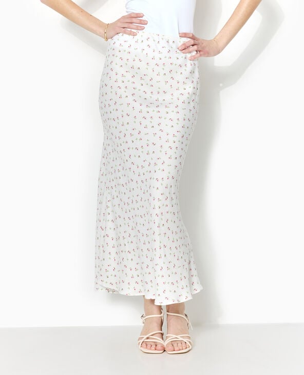 pimkie Jupe longue tissu satiné motif fleurs - Blanc