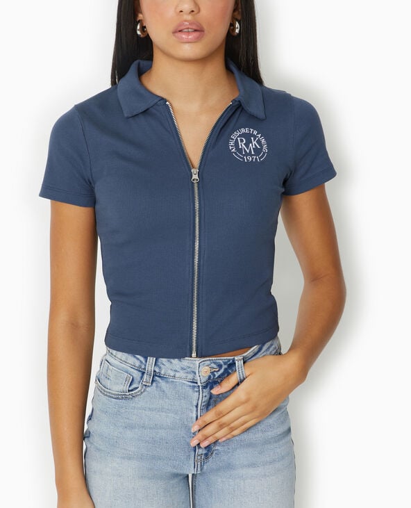 Pimkie Polo Zippé En Maille Côtelée - Bleu Marine