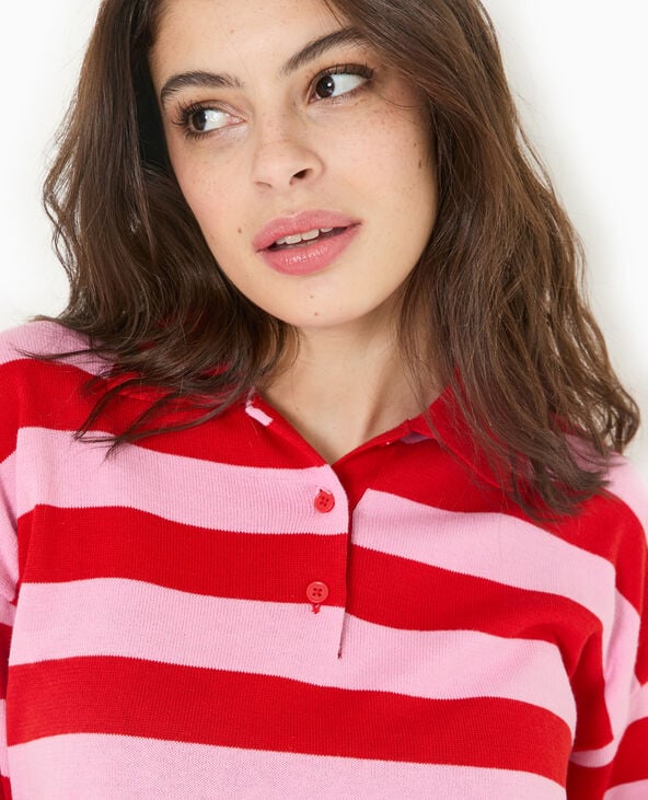 Pimkie Pull Col Polo En Maille Rayée - Rouge