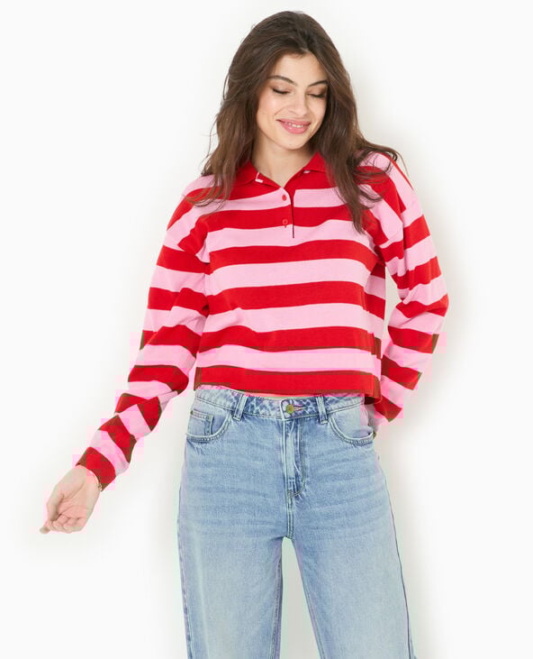 Pimkie Pull Col Polo En Maille Rayée - Rouge