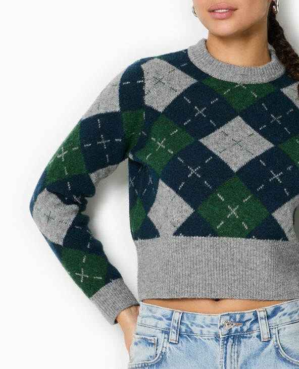 Pimkie Pull Court Motif Losanges - Gris Chiné