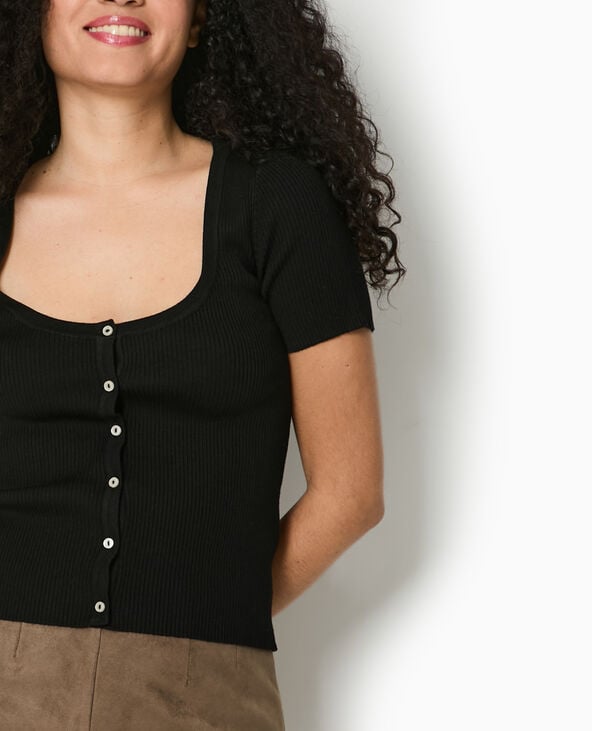 Pimkie T-shirt Boutonné En Maille Côtelée - Noir