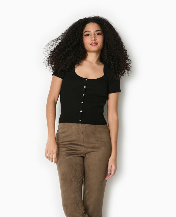 Pimkie T-shirt Boutonné En Maille Côtelée - Noir