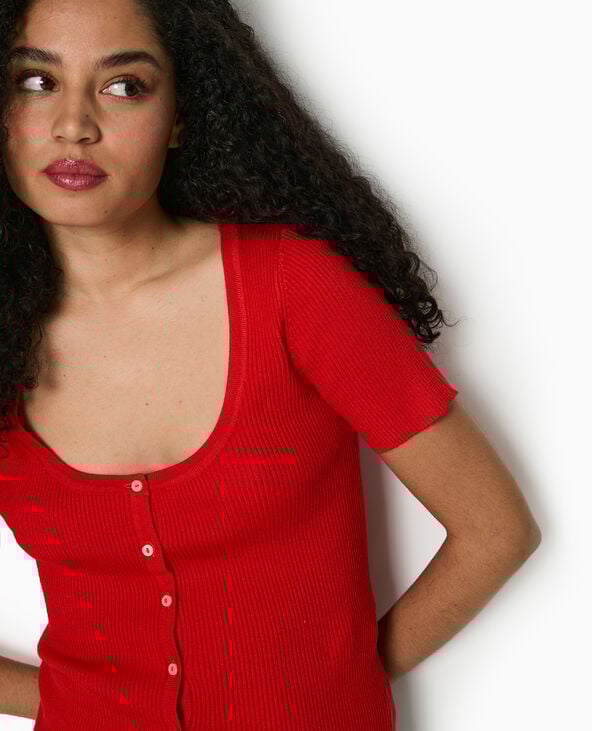 Pimkie T-shirt Boutonné En Maille Côtelée - Rouge