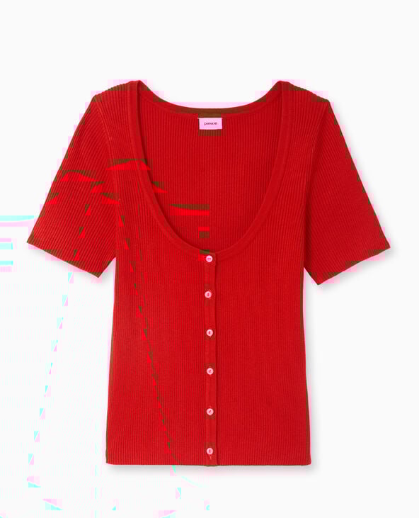 Pimkie T-shirt Boutonné En Maille Côtelée - Rouge