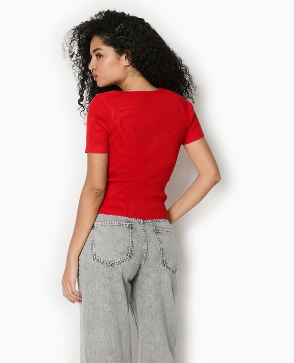Pimkie T-shirt Boutonné En Maille Côtelée - Rouge