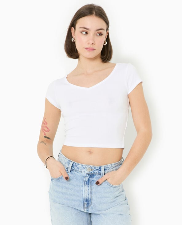 Pimkie T-shirt Court Col V - Blanc