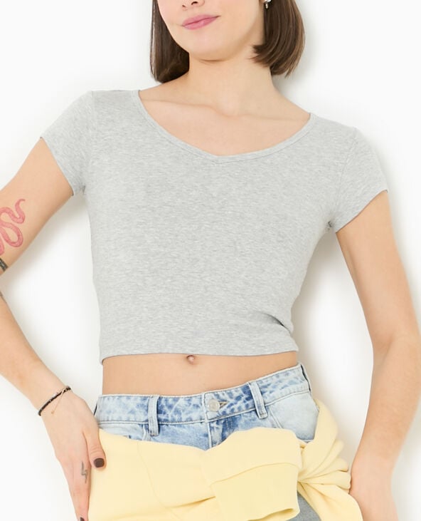 Pimkie T-shirt Court Col V - Gris Chiné