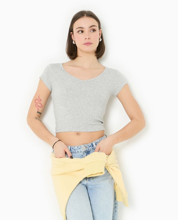 Pimkie T-shirt Court Col V - Gris Chiné