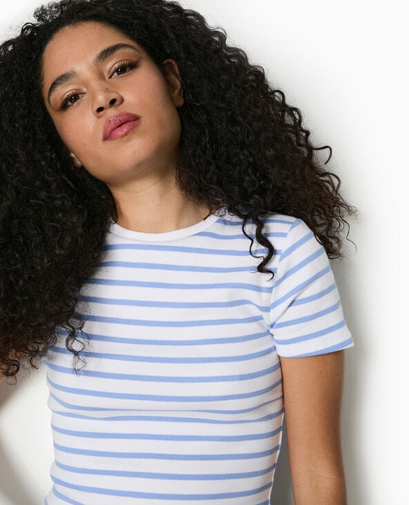 pimkie T-shirt court en maille côtelée rayée - Bleu