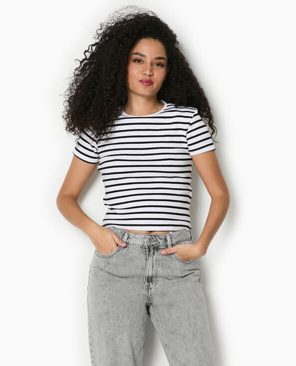 Pimkie T-shirt Court En Maille Côtelée Rayée - Noir