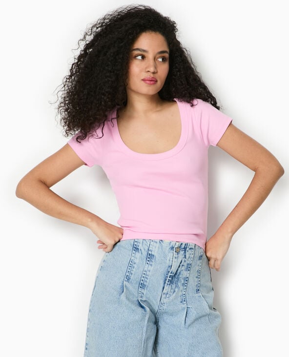 Pimkie T-shirt Maille Côtelée Grande Encolure - Rose