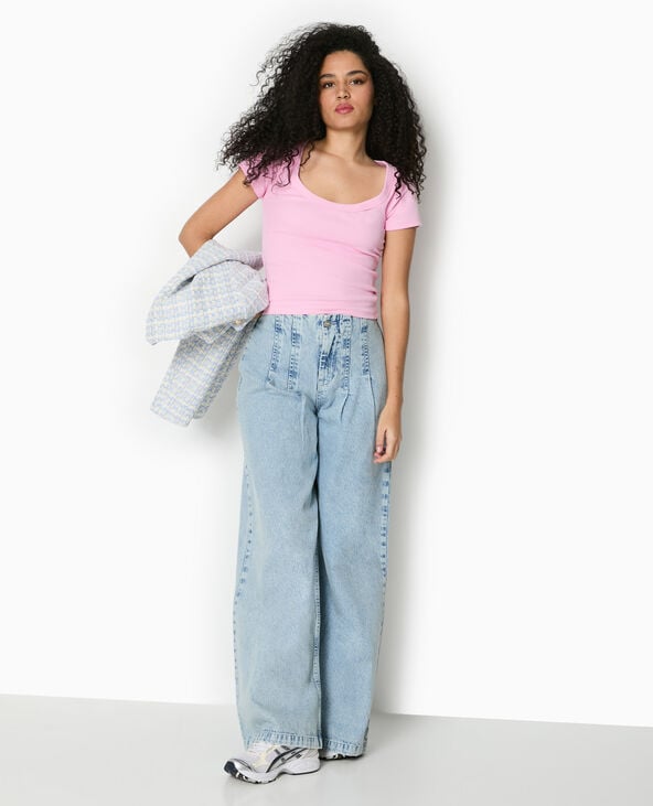 pimkie T-shirt maille côtelée grande encolure - Rose