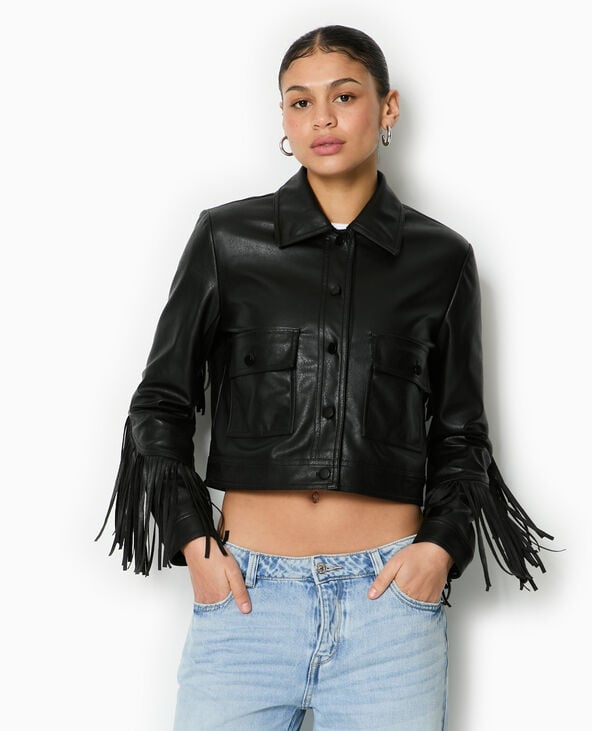 Pimkie Veste Courte En Simili Avec Franges - Noir