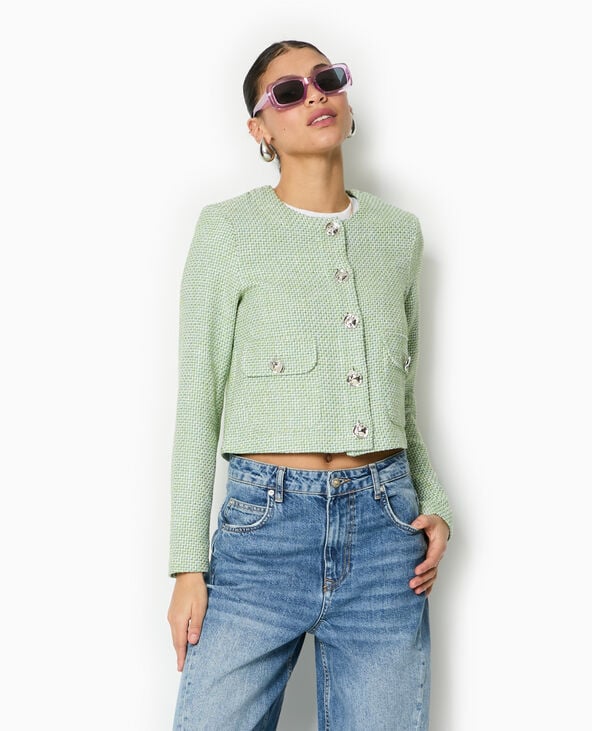 Pimkie Veste Courte Et Droite En Tweed - Vert