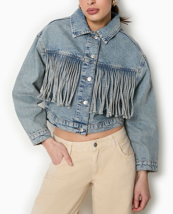 Pimkie Veste En Jean Avec Franges - Bleu