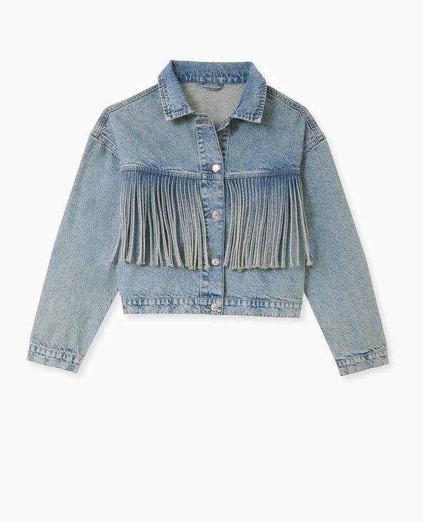 Pimkie Veste En Jean Avec Franges - Bleu