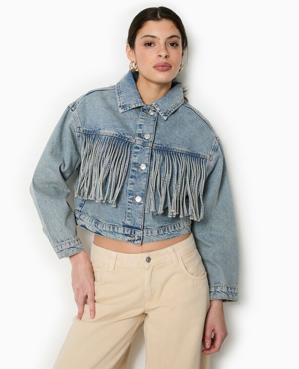 Pimkie Veste En Jean Avec Franges - Bleu