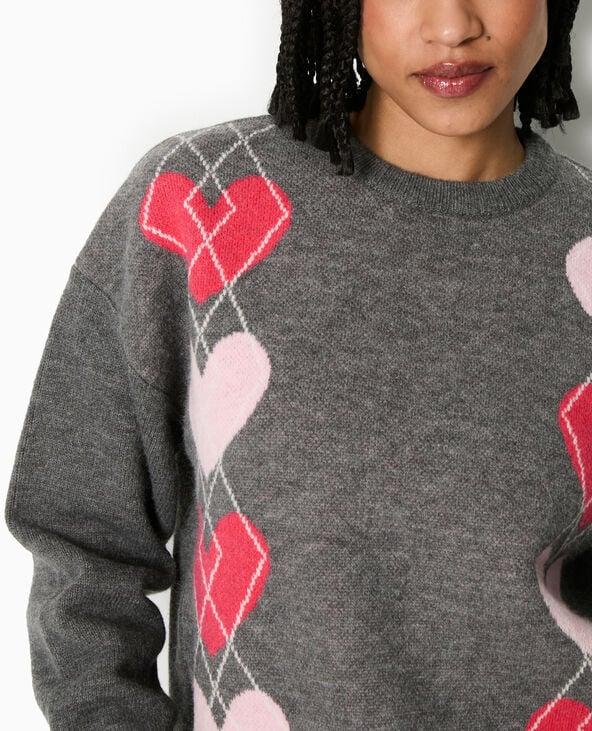 Pimkie Pull Col Rond Motif Jacquard Et Cœurs - Gris Foncé