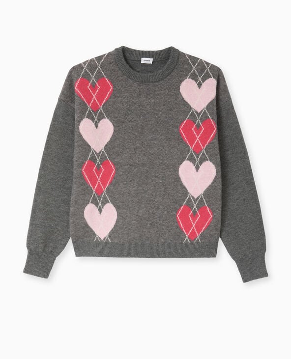 Pimkie Pull Col Rond Motif Jacquard Et Cœurs - Gris Foncé