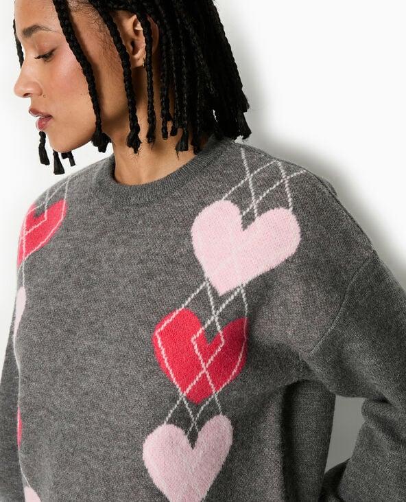 pimkie Pull col rond motif jacquard et cœurs - Gris foncé