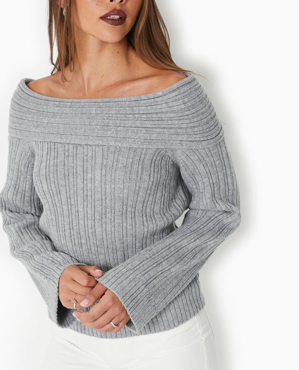 Pimkie Pull En Maille Côtelée Avec Encolure Bardot - Gris Chiné