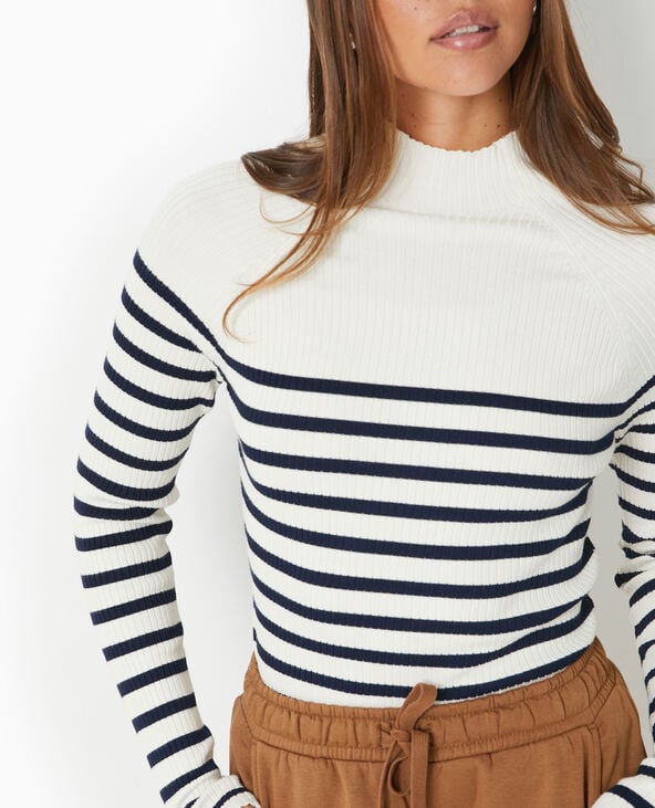 Pimkie Pull Fin Rayé En Maille Côtelée Col Montant - Écru