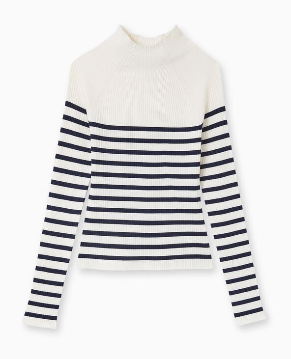 Pimkie Pull Fin Rayé En Maille Côtelée Col Montant - Écru