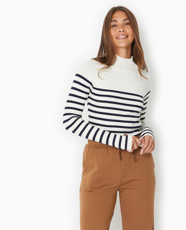 Pimkie Pull Fin Rayé En Maille Côtelée Col Montant - Écru