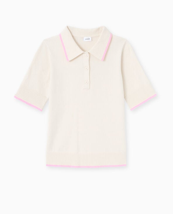 Pimkie Pull Manches Courtes Col Polo Bords Contrastés - Écru