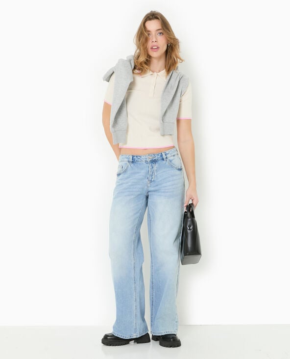 Pimkie Pull Manches Courtes Col Polo Bords Contrastés - Écru