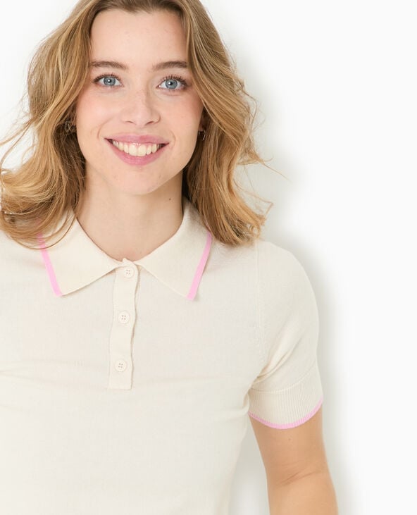 pimkie Pull manches courtes col polo bords contrastés - Écru