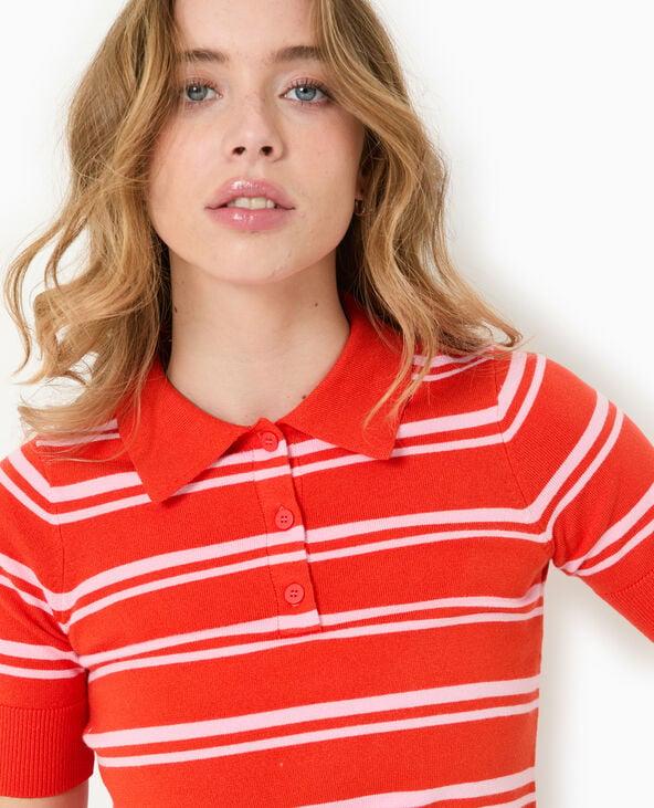 Pimkie Pull Manches Courtes Col Polo Motif Rayures - Rouge