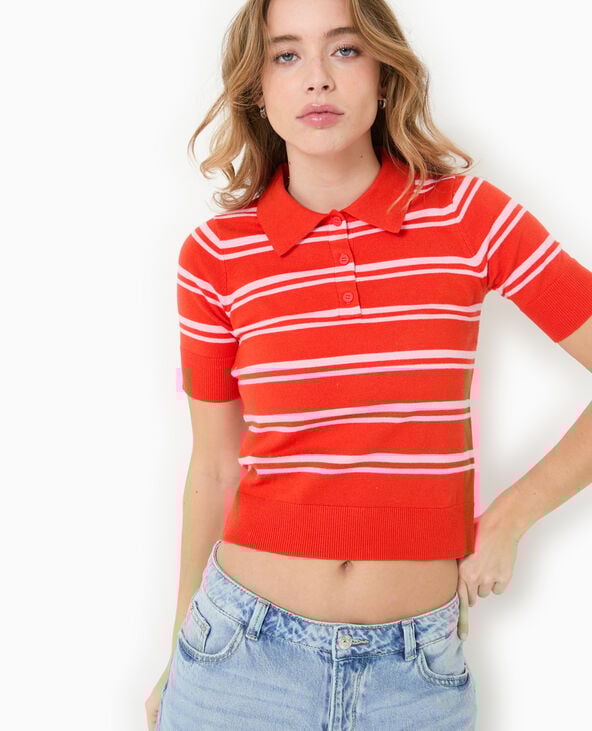 Pimkie Pull Manches Courtes Col Polo Motif Rayures - Rouge