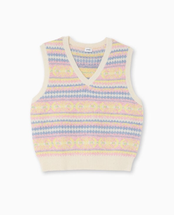 Pimkie Pull Sans Manches Col V Motif Jacquard - Blanc