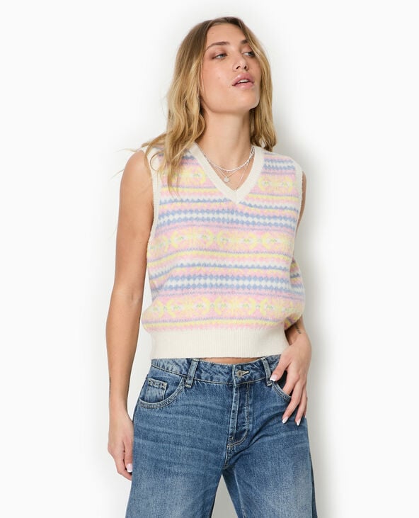 Pimkie Pull Sans Manches Col V Motif Jacquard - Blanc