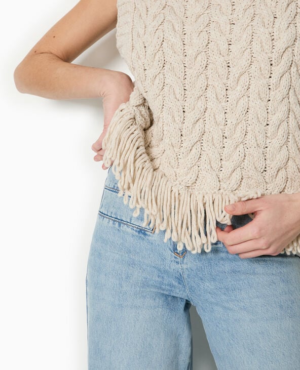 Pimkie Pull Sans Manches Maille Tosadée Avec Franges - Blanc