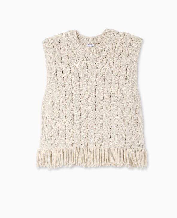 Pimkie Pull Sans Manches Maille Tosadée Avec Franges - Blanc
