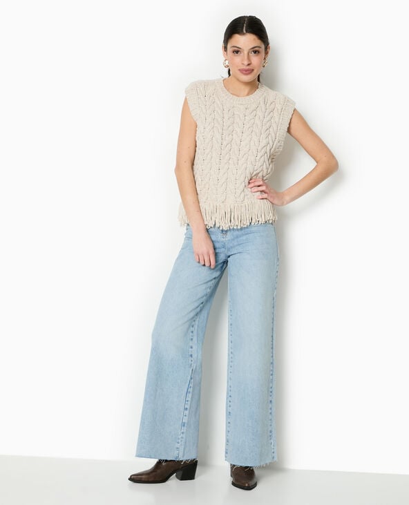 Pimkie Pull Sans Manches Maille Tosadée Avec Franges - Blanc