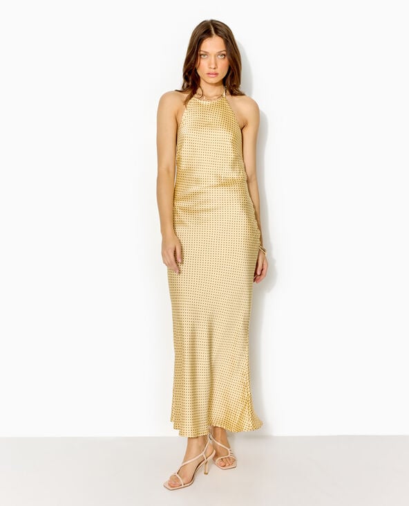 Pimkie Robe Longue Dos-nu En Satin Motif Pois - Jaune
