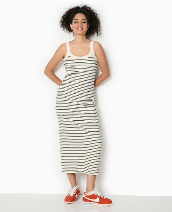 Pimkie Robe Longue Et Moulante En Maille Côtelée Rayée - Blanc