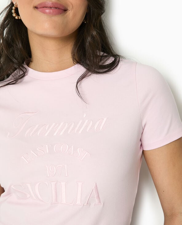 Pimkie T-shirt Court Avec Broderie Ton Sur Ton - Rose Clair