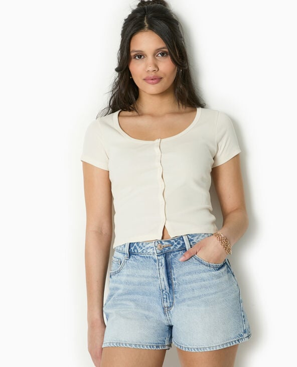 Pimkie T-shirt Court Boutonné En Maille Côtelée - Blanc